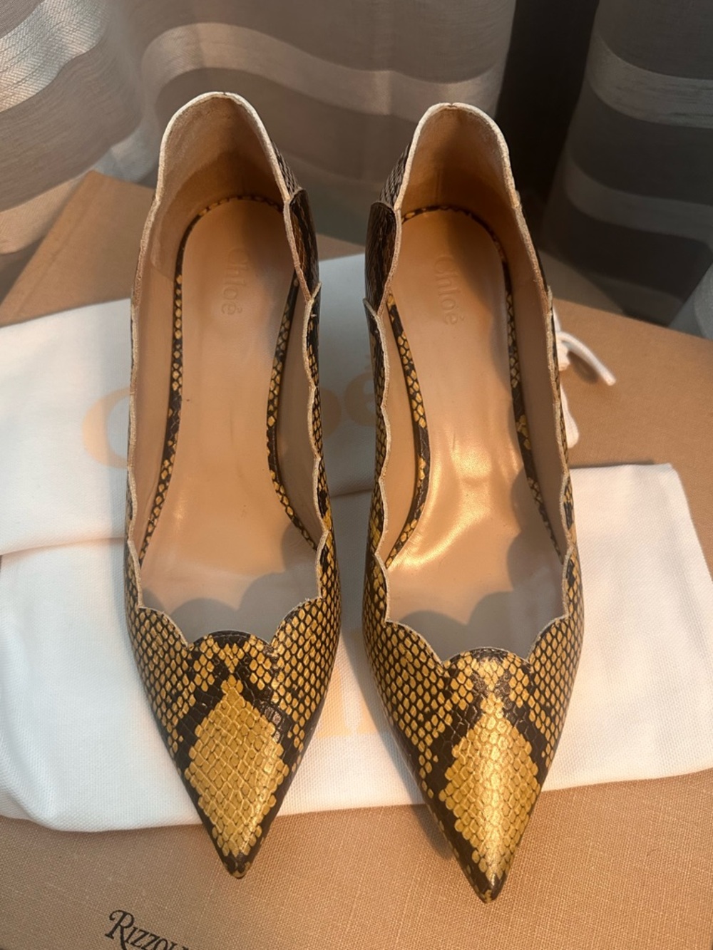 NWT Chloe Gold Snakeskin Pointed-Toe Women's Kitten Heels